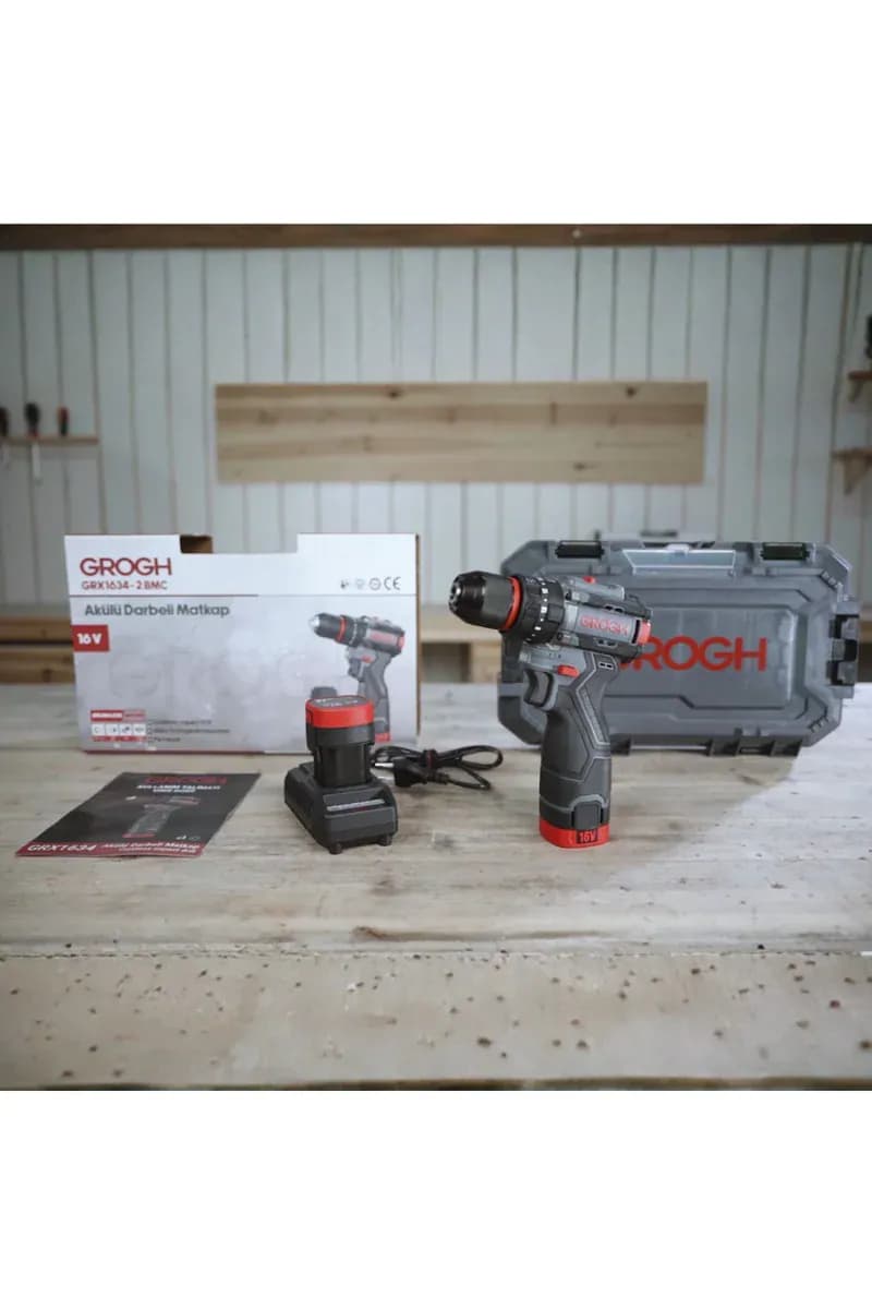 GROGH Kömürsüz Motorlu Şarjlı Darbeli Matkap 16V 2Ah GRX1634-2 BMC | Çift Vitesli Akülü Vidalama