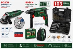 Bosch EasyImpact 600 600W Darbeli Matkap + PWS 850-125 850W Avuç Taşlama + 103 Parça V-Line Aksesuar Seti + Metal Kesme Diski + Çanta