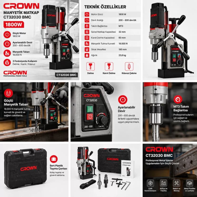 Crown Manyetik Matkap 1800W CT32030 BMC